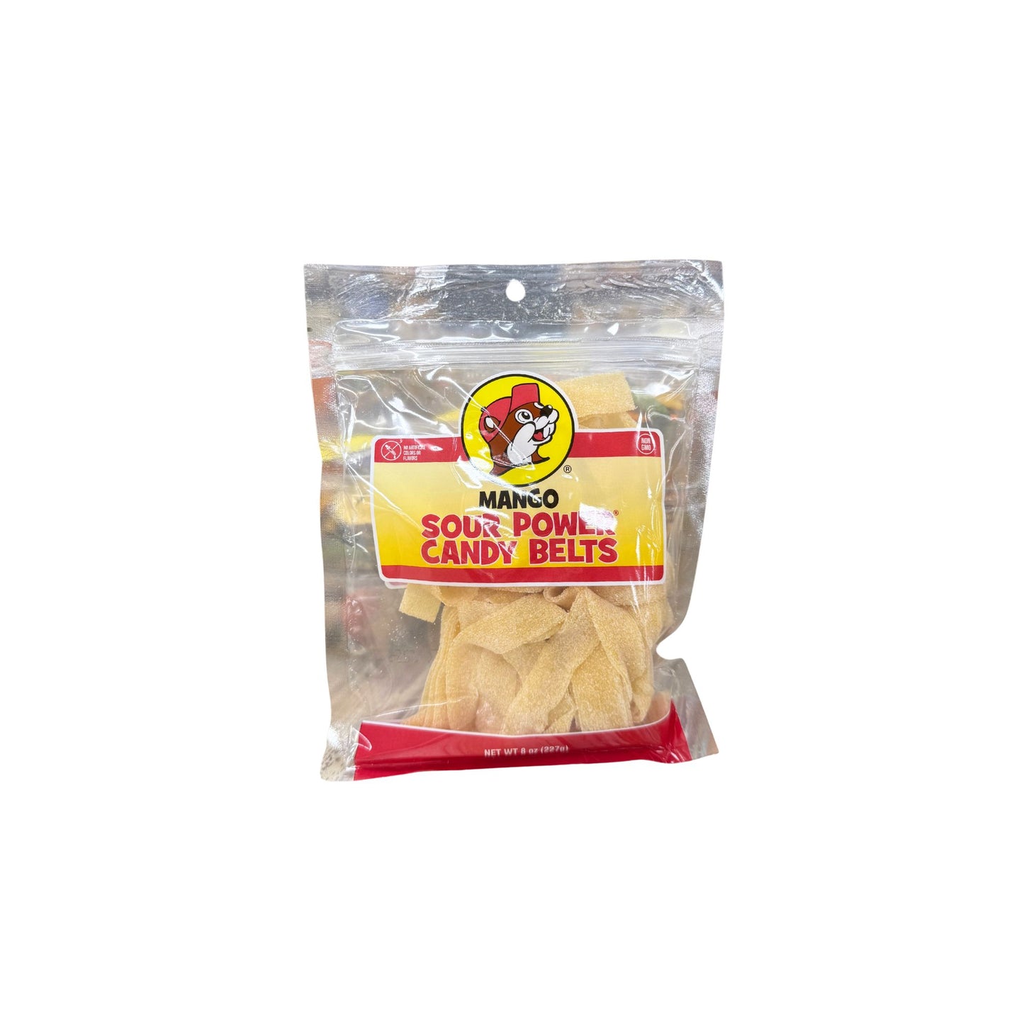 Buc-ee's mango sour powl candy belts 8oz bag showing yellow-orange chewy candy strips with Bucky logo on yellow and red label