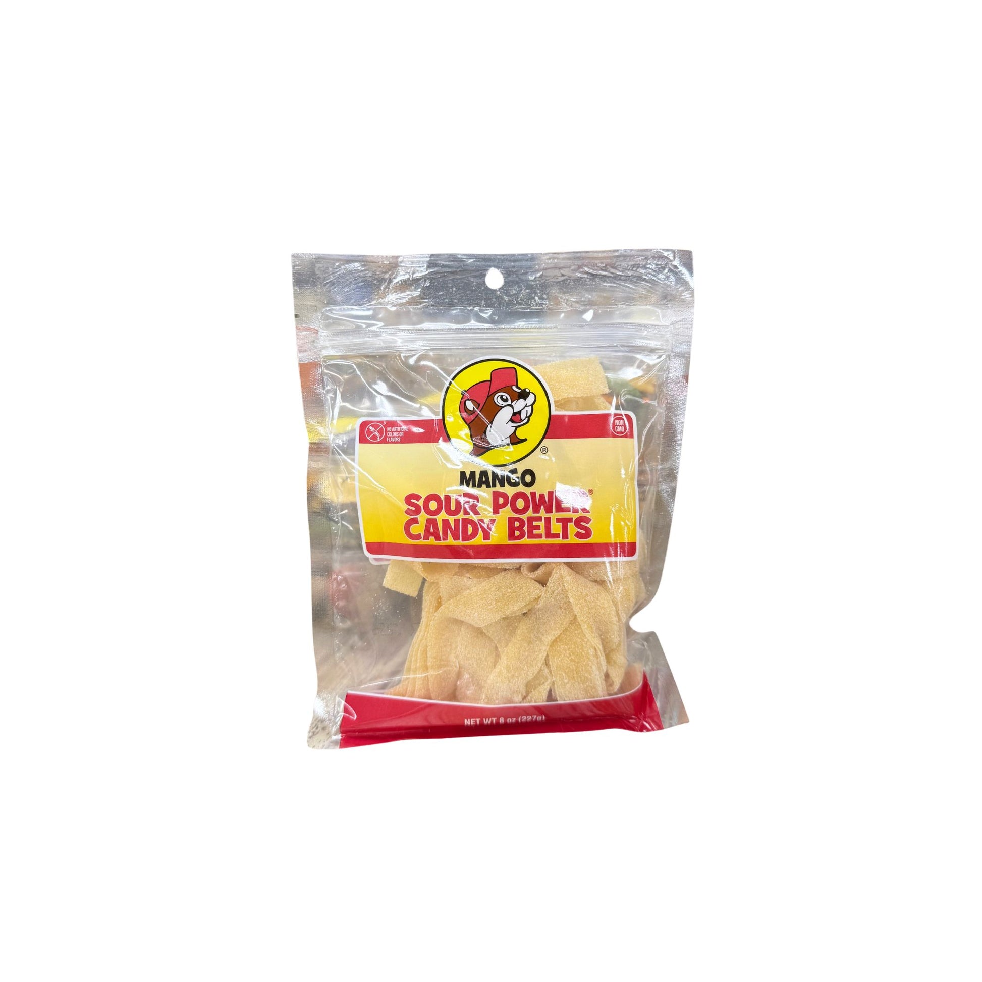 Buc-ee's mango sour powl candy belts 8oz bag showing yellow-orange chewy candy strips with Bucky logo on yellow and red label