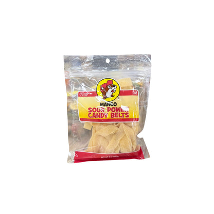 Buc-ee's mango sour powl candy belts 8oz bag showing yellow-orange chewy candy strips with Bucky logo on yellow and red label
