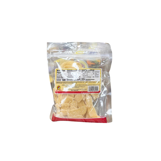 Buc-ee's mango sour candy belts bag back showing nutrition facts and yellow mango-flavored sour coated candy strips in resealable packaging