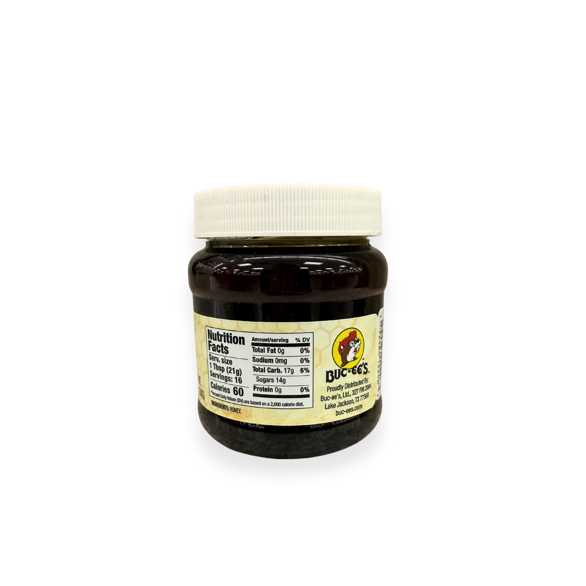 Buc-ee's Mesquite Honey 12 oz jar side view showing detailed nutrition facts label, ingredients showing honey, and Buc-ee's distributor information
