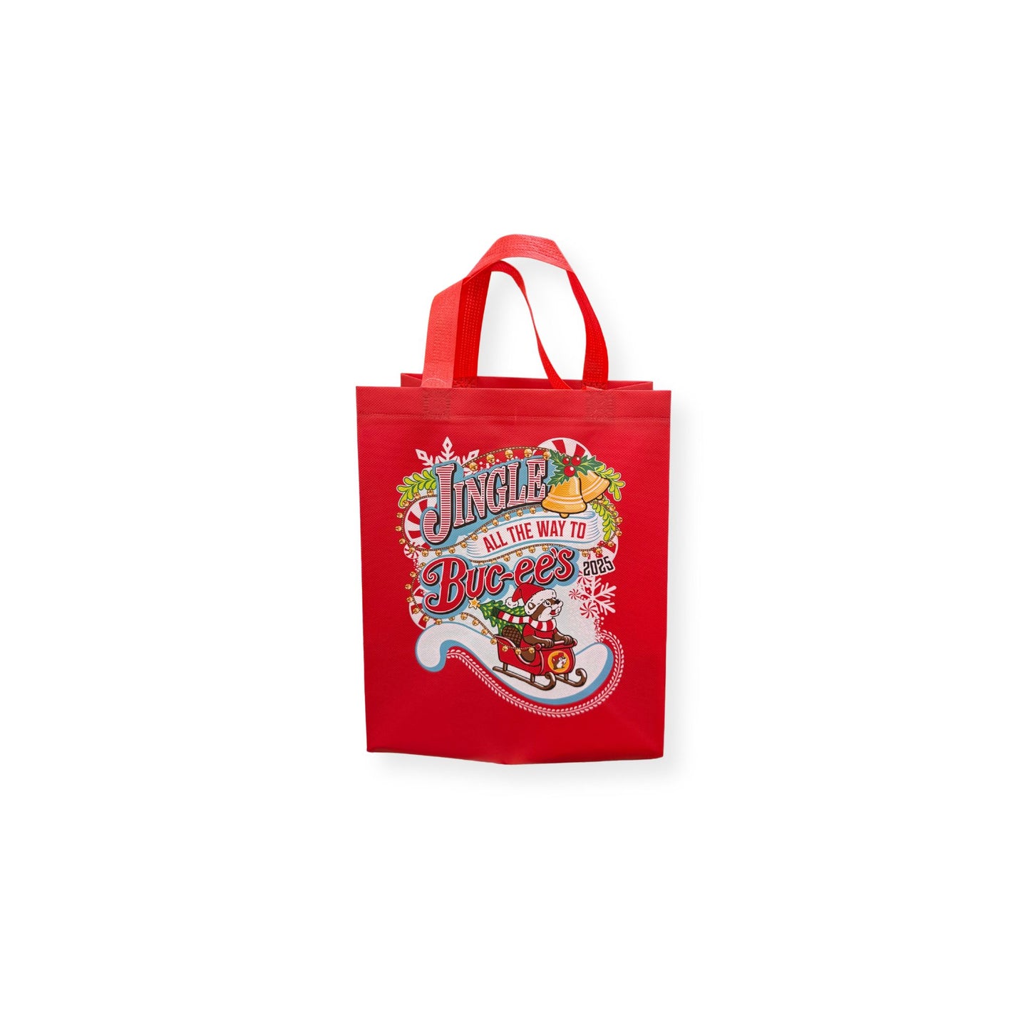 Red Buc-ee's Christmas 2025 reusable tote bag with 'Jingle All the Way to Buc-ee's' design featuring Santa beaver on sleigh with candy canes and snowflakes
