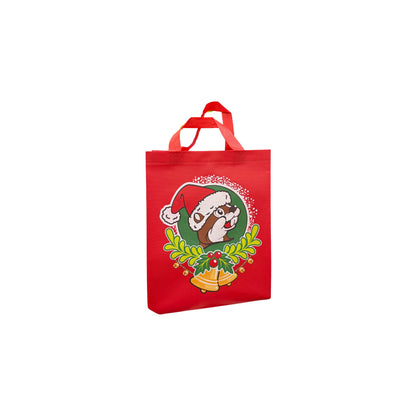 Side view of Buc-ee's Christmas tote showing Santa beaver in green wreath with bells on red reusable shopping bag