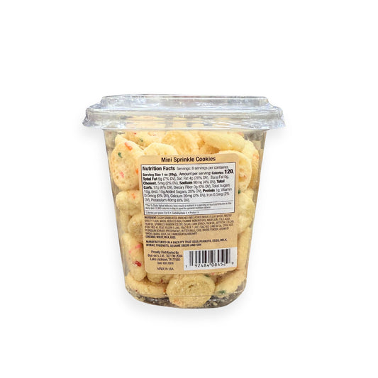 Buc-ee's Mini Sprinkle Cookies 8 oz clear container back view showing detailed nutrition facts label with 120 calories per serving and ingredient list highlighting colorful sprinkles with Made in USA quality