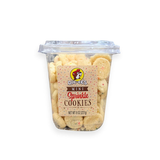 Buc-ee's Mini Sprinkle Cookies 8 oz clear container front view featuring sprinkle-decorated label with beaver mascot logo, "MINI Sprinkle COOKIES" text, and visible colorful sprinkle-covered mini cookies inside container