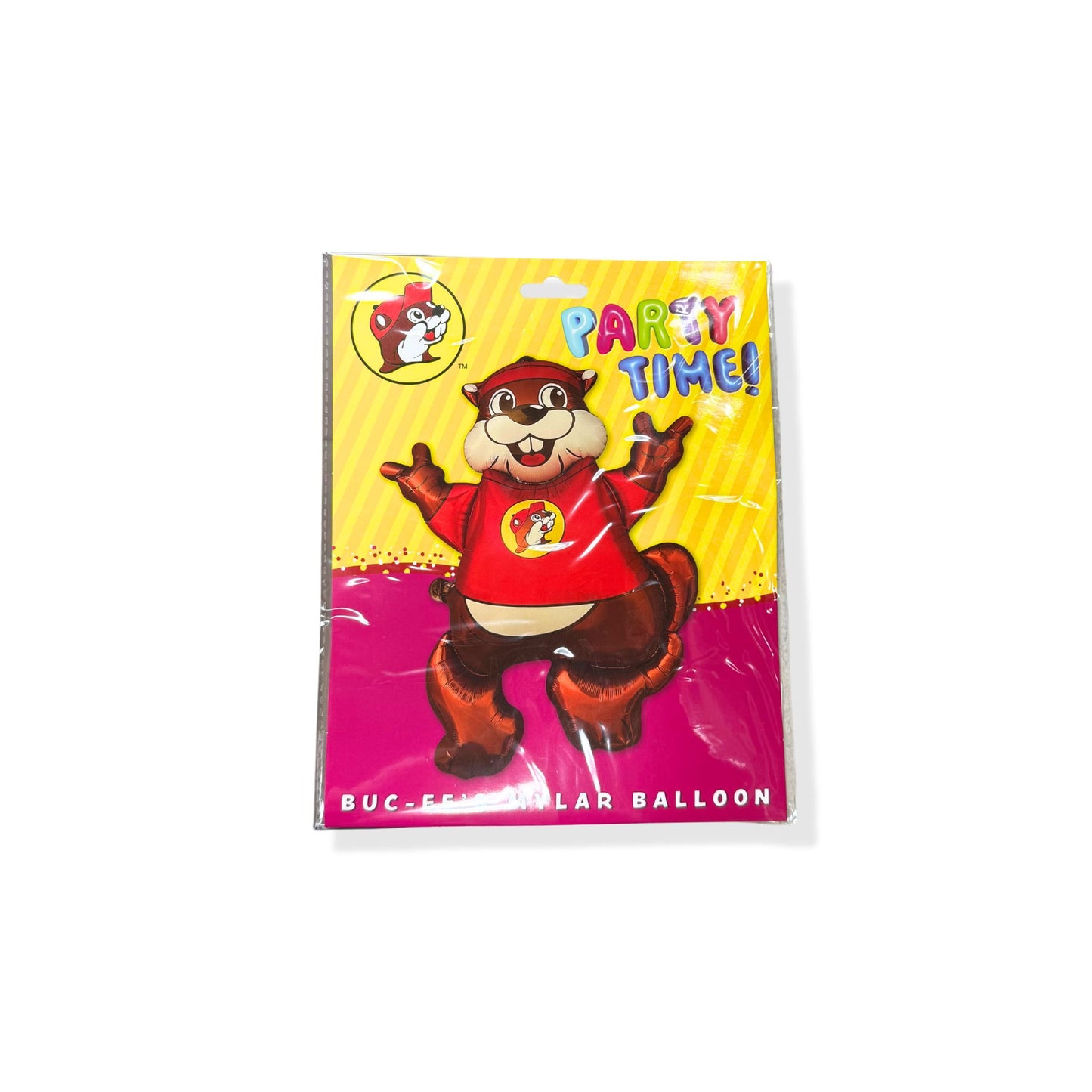 Buc-ee's giant Bucky mylar balloon in Party Time packaging, full-body character balloon with vibrant colors and self-sealing valve