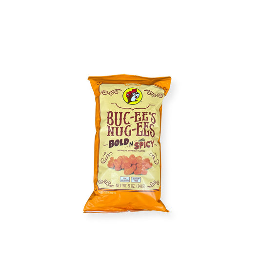 Buc-ee's Nug-ees Bold and Sorta Spicy 5oz bag front view showing orange packaging with Buc-ee's beaver logo and spiced corn puff snacks