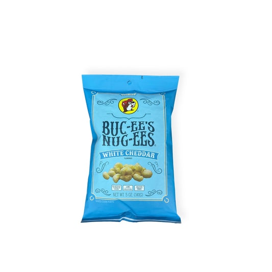 Buc-ee's Nug-ees White Cheddar 5oz bag front view showing bright blue packaging with Buc-ee's beaver logo and cheese puff snacks