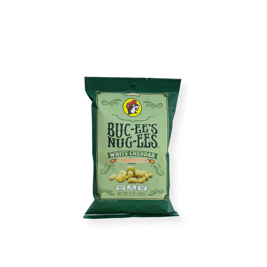 Three bags of Buc-ee's Nug-ees corn puffs in White Cheddar, Bold N Spicy, and White Cheddar Habanero flavors, 5 oz bags