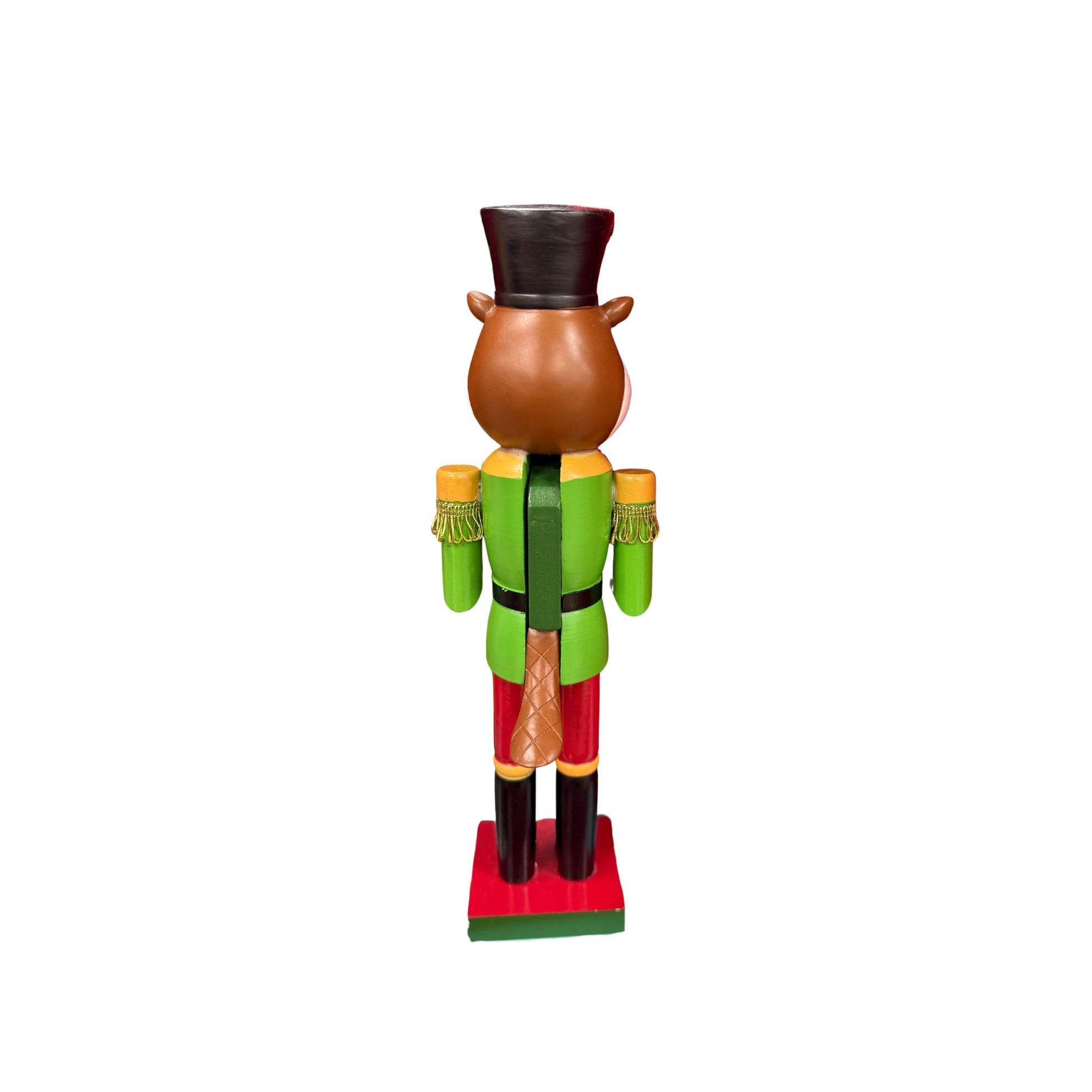Buc-ee's 2024 limited edition nutcracker beaver standing 16 inches tall in elaborate military uniform with green and gold jacket, red pants, black boots, tall hat with gold chain, and decorative drum back view
