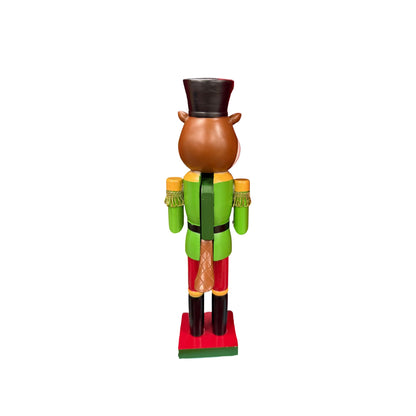 Buc-ee's 2024 limited edition nutcracker beaver standing 16 inches tall in elaborate military uniform with green and gold jacket, red pants, black boots, tall hat with gold chain, and decorative drum back view