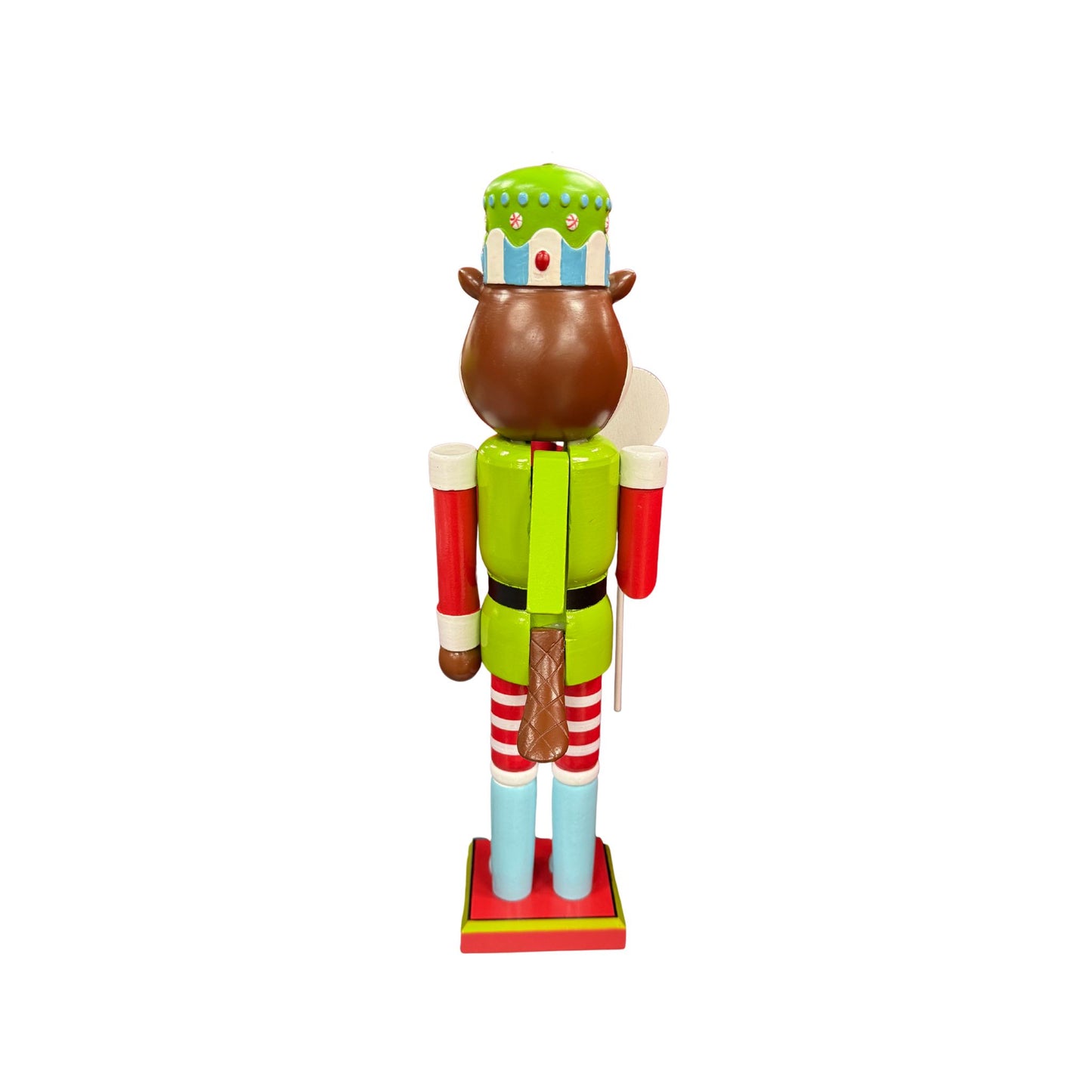 Buc-ee's 2025 limited edition nutcracker beaver with decorative house hat adorned with festive candy details, lime green uniform, red and white striped legs, holding candy cane