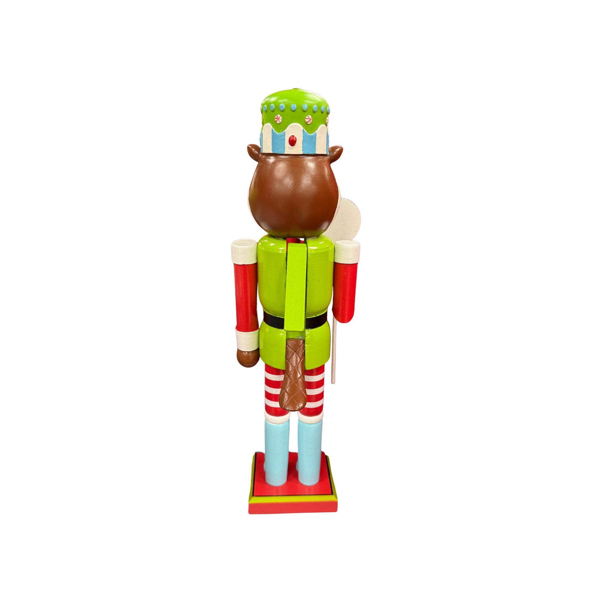 Buc-ee's 2025 limited edition nutcracker beaver with decorative house hat adorned with festive candy details, lime green uniform, red and white striped legs, holding candy cane