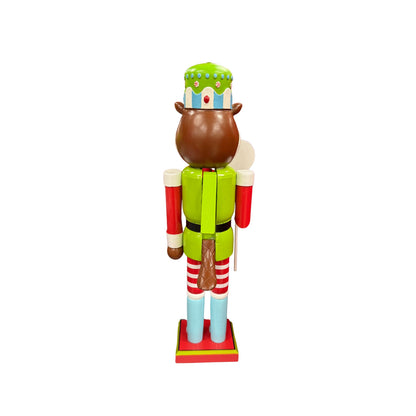 Buc-ee's 2025 limited edition nutcracker beaver with decorative house hat adorned with festive candy details, lime green uniform, red and white striped legs, holding candy cane