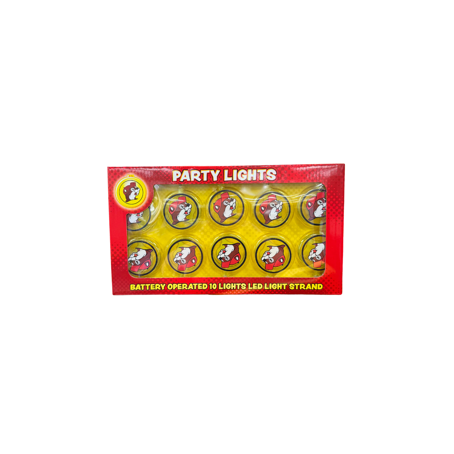 Buc-ee's 10-light LED strand with Bucky logo covers in red and yellow circles displayed in party lights packaging, battery operated