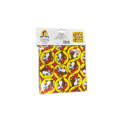 Buc-ee's 40-count lunch napkins package showing repeating Bucky beaver logo pattern on red background with yellow circles, 13 by 13 inch 3-ply napkins