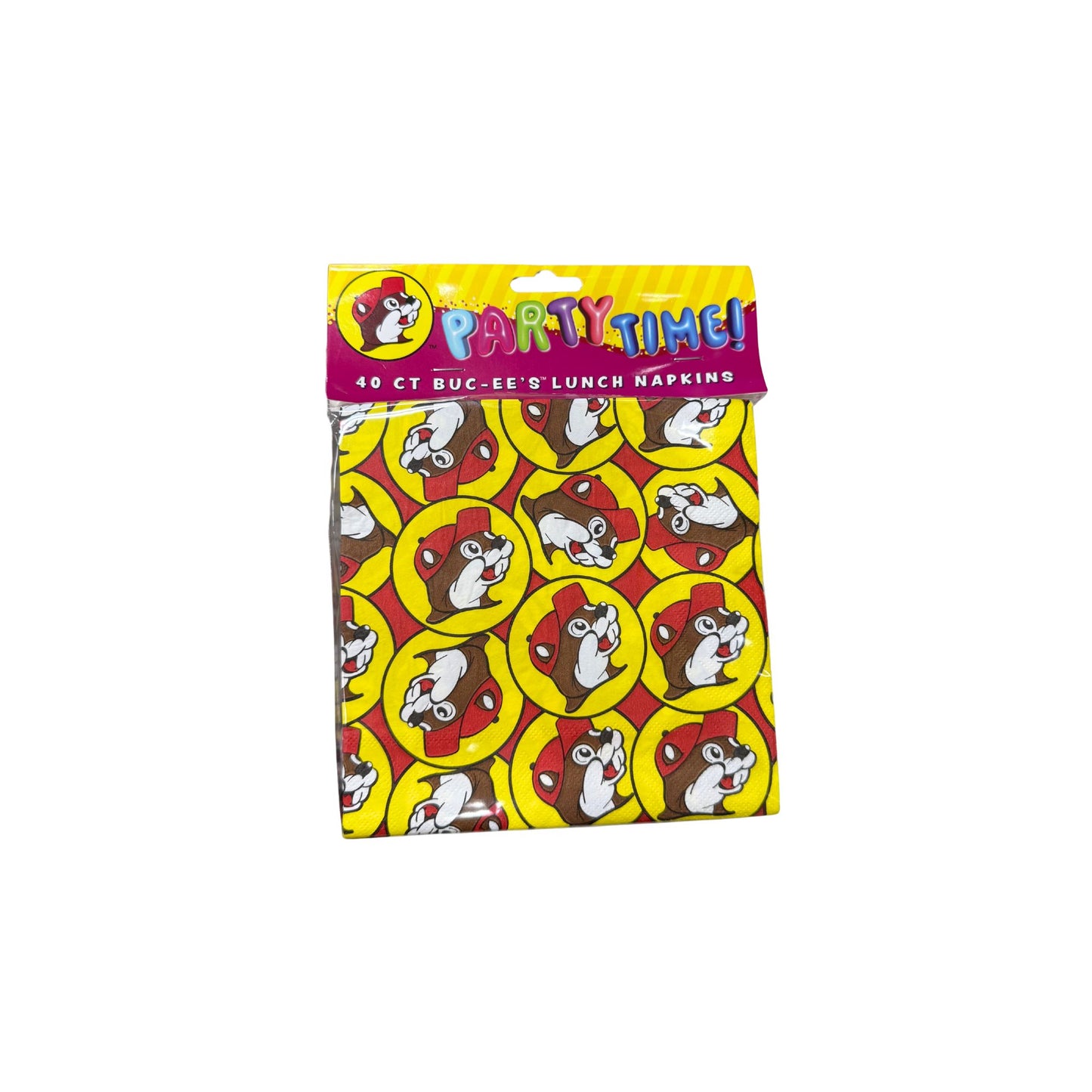 Buc-ee's lunch napkins in Party Time packaging, 40-count with vibrant red, yellow and brown Bucky logo pattern