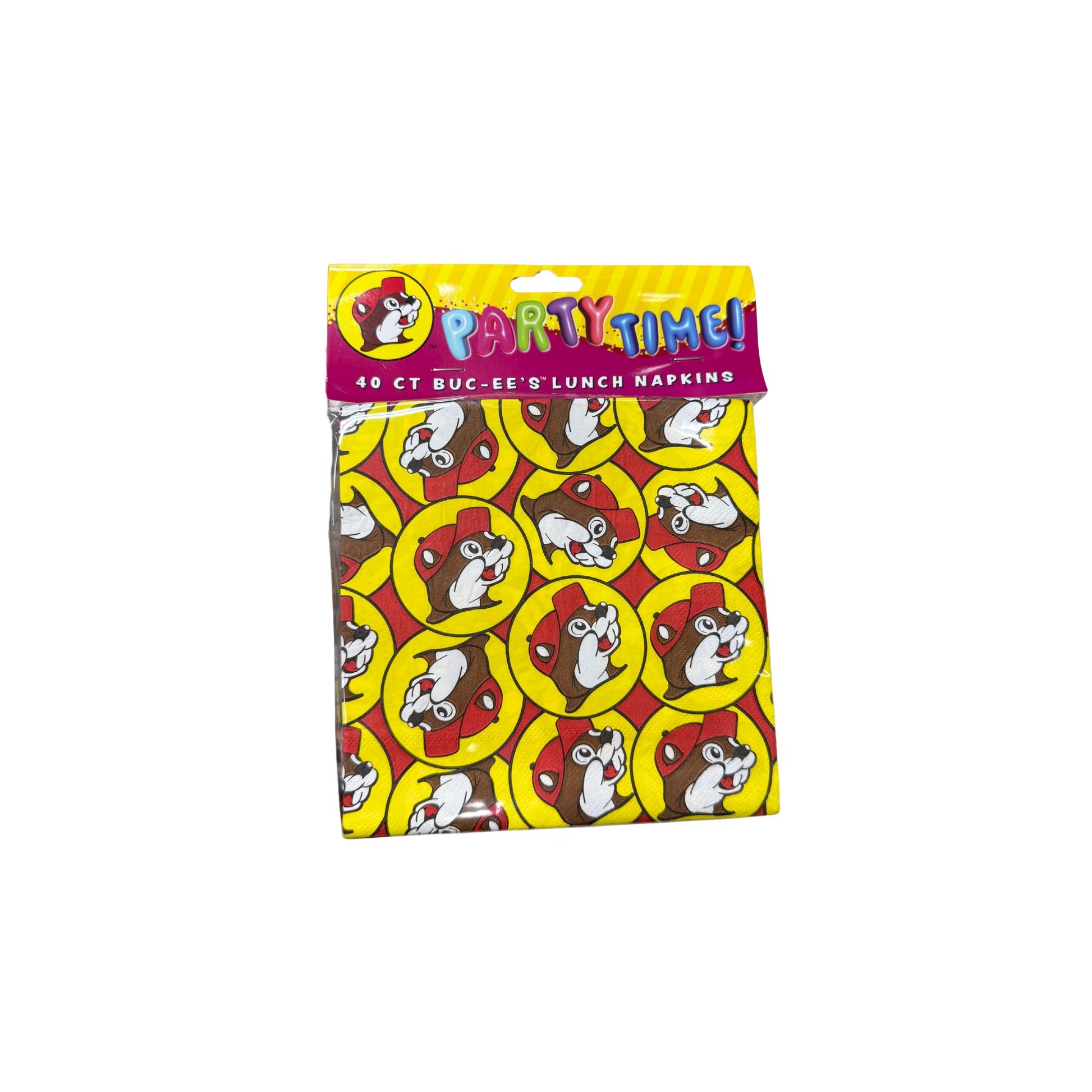 Buc-ee's lunch napkins in Party Time packaging, 40-count with vibrant red, yellow and brown Bucky logo pattern