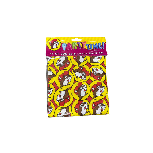 Buc-ee's lunch napkins in Party Time packaging, 40-count with vibrant red, yellow and brown Bucky logo pattern