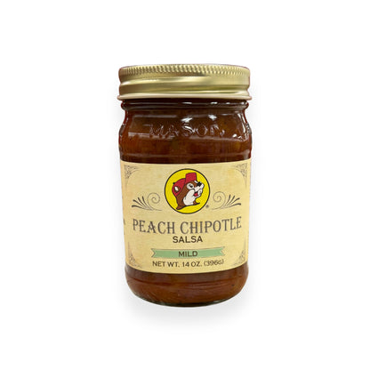 Buc-ee's Peach Chipotle Salsa 14 oz mason jar front view featuring iconic red beaver mascot logo, "MILD" heat level indicator, and classic mason jar styling with golden lid
