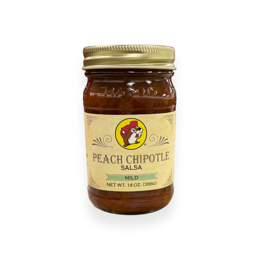 Buc-ee's Peach Chipotle Salsa 14 oz mason jar front view featuring iconic red beaver mascot logo, "MILD" heat level indicator, and classic mason jar styling with golden lid