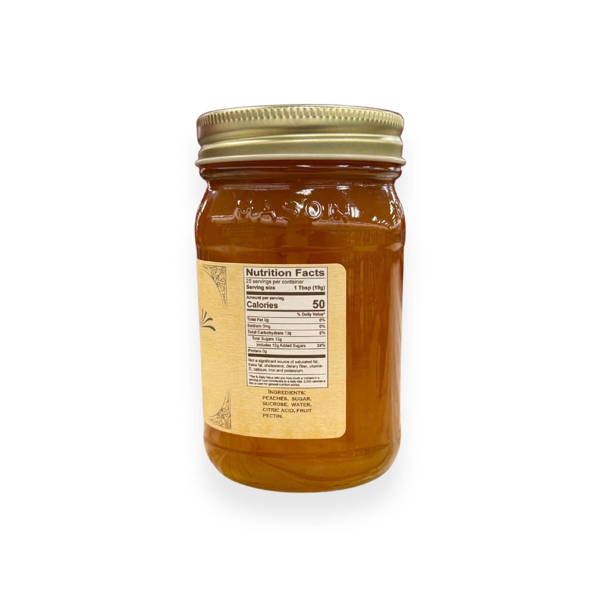 Buc-ee's Peach Preserves 17.5 oz mason jar side view showing nutrition facts label with 25 servings per container, ingredients list including peaches and fruit pectin, and golden vintage-style labeling