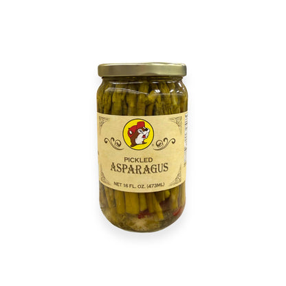 Buc-ee's Pickled Asparagus 16 fl oz glass jar front view featuring iconic red beaver mascot logo, ornate vintage-style label design, and clear view of pickled asparagus spears in brine