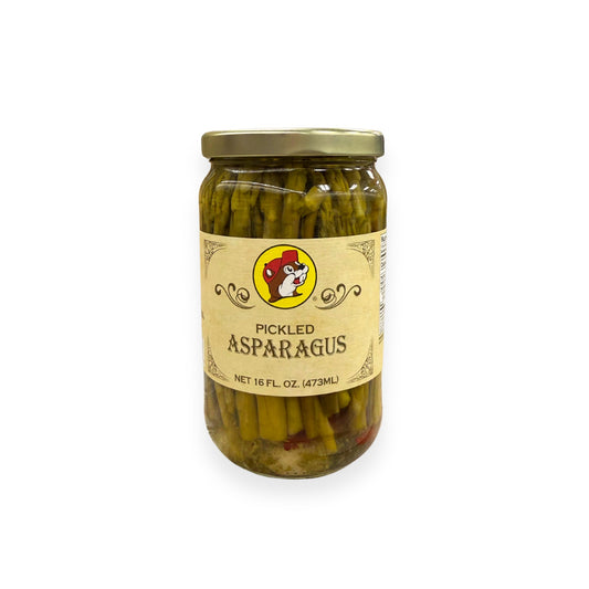 Buc-ee's Pickled Asparagus 16 fl oz glass jar front view featuring iconic red beaver mascot logo, ornate vintage-style label design, and clear view of pickled asparagus spears in brine