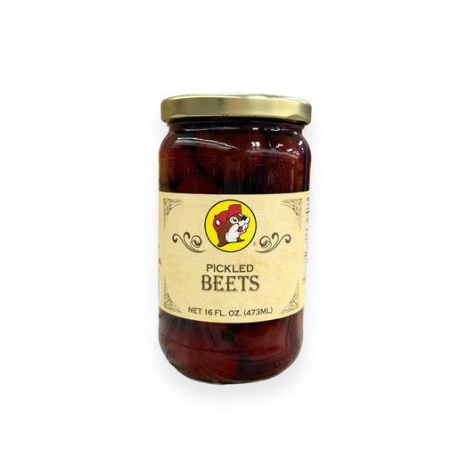 Buc-ee's Pickled Beets 16 fl oz glass jar front view featuring iconic red beaver mascot logo, ornate vintage-style label design, and clear view of vibrant red pickled beet slices