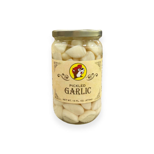 Buc-ee's Pickled Garlic 16 fl oz glass jar front view featuring iconic red beaver mascot logo, ornate vintage-style label design, and clear view of pickled whole garlic cloves