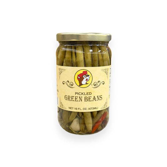 Buc-ee's Pickled Green Beans 16 fl oz glass jar front view featuring iconic red beaver mascot logo, ornate vintage-style label design, and clear view of pickled green beans arranged vertically in brine