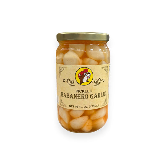 Buc-ee's Pickled Habanero Garlic 16 fl oz glass jar front view featuring iconic red beaver mascot logo, ornate vintage-style label design, and clear view of pickled habanero peppers and garlic in amber liquid