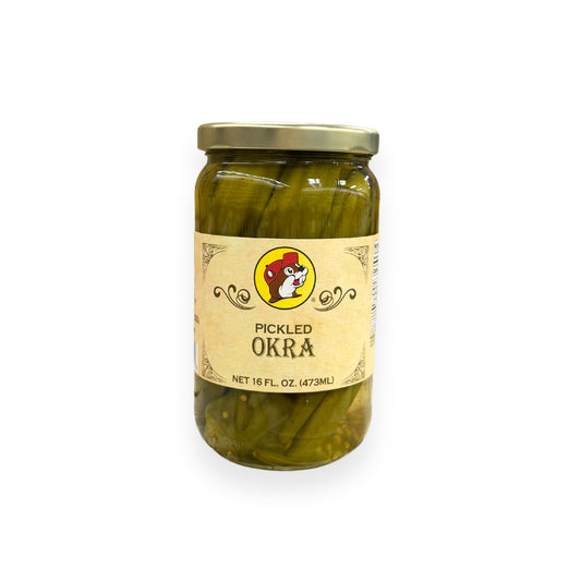 Buc-ee's Pickled Okra 16 fl oz glass jar front view featuring iconic red beaver mascot logo, ornate vintage-style label design, and clear view of pickled okra pods in traditional brine