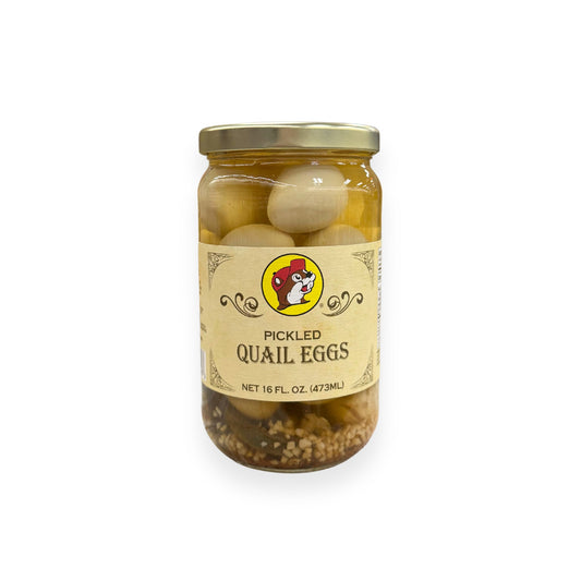 Buc-ee's Pickled Quail Eggs 16 fl oz glass jar front view featuring iconic red beaver mascot logo, ornate vintage-style label design, and clear view of pickled quail eggs in brine
