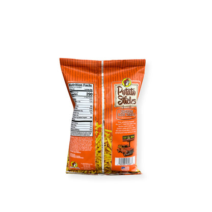 Buc-ee's Potato Sticks Cheddar Sour Cream 4oz bag back view displaying nutrition facts label with 290 calories per serving and ingredient information
