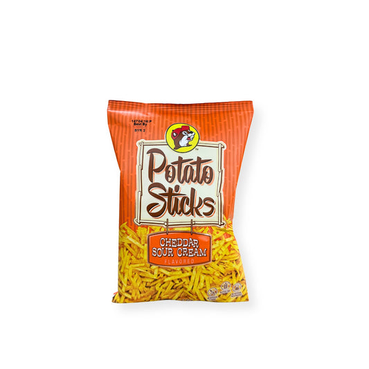 Buc-ee's Potato Sticks Cheddar Sour Cream 4oz bag front view showing orange packaging with Buc-ee's beaver logo and crispy potato stick snacks