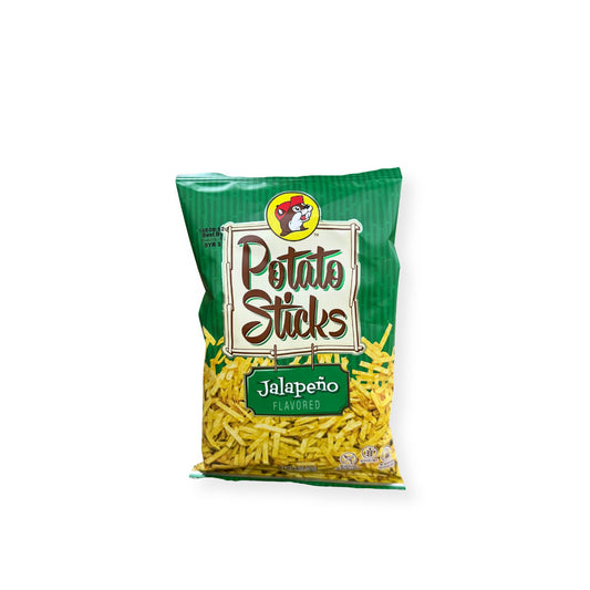 Buc-ee's Potato Sticks Jalapeño 4oz bag front view showing green packaging with Buc-ee's beaver logo and crispy potato stick snacks