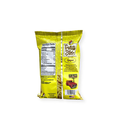 Buc-ee's Potato Sticks Original 4oz bag back view displaying nutrition facts label with 300 calories per serving and ingredient information