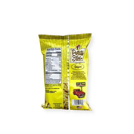 Buc-ee's Potato Sticks Original 4oz bag back view displaying nutrition facts label with 300 calories per serving and ingredient information