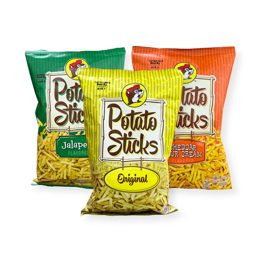 Buc-ee's Potato Sticks variety pack showing Original, Jalapeño, and Cheddar Sour Cream 4oz bags together as complete bundle deal