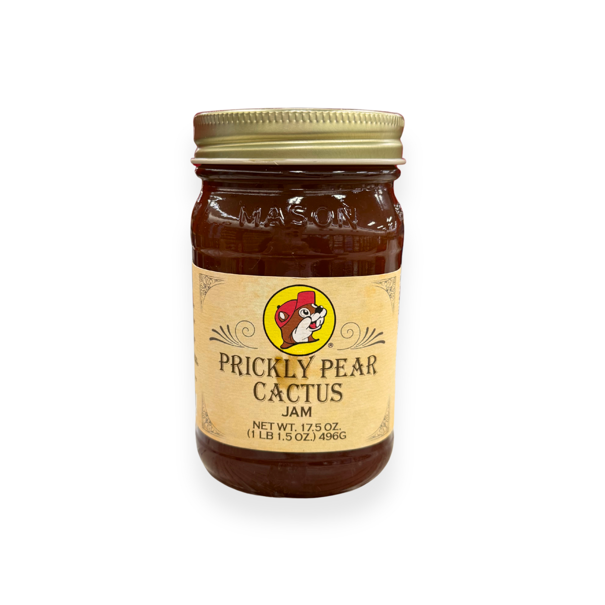 Buc-ee's Prickly Pear Cactus Jam 17.5 oz mason jar front view featuring iconic red beaver mascot logo, "PRICKLY PEAR CACTUS JAM" text, and classic mason jar styling with golden lid