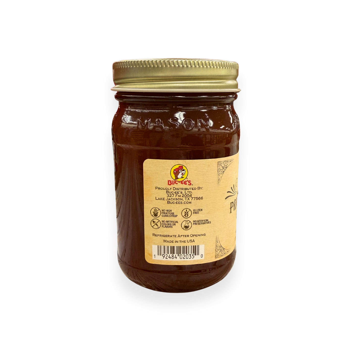 Buc-ee's Prickly Pear Cactus Jam 17.5 oz mason jar back view showing Buc-ee's distributor information, product certifications including gluten-free and no artificial preservatives, barcode, and classic mason jar styling