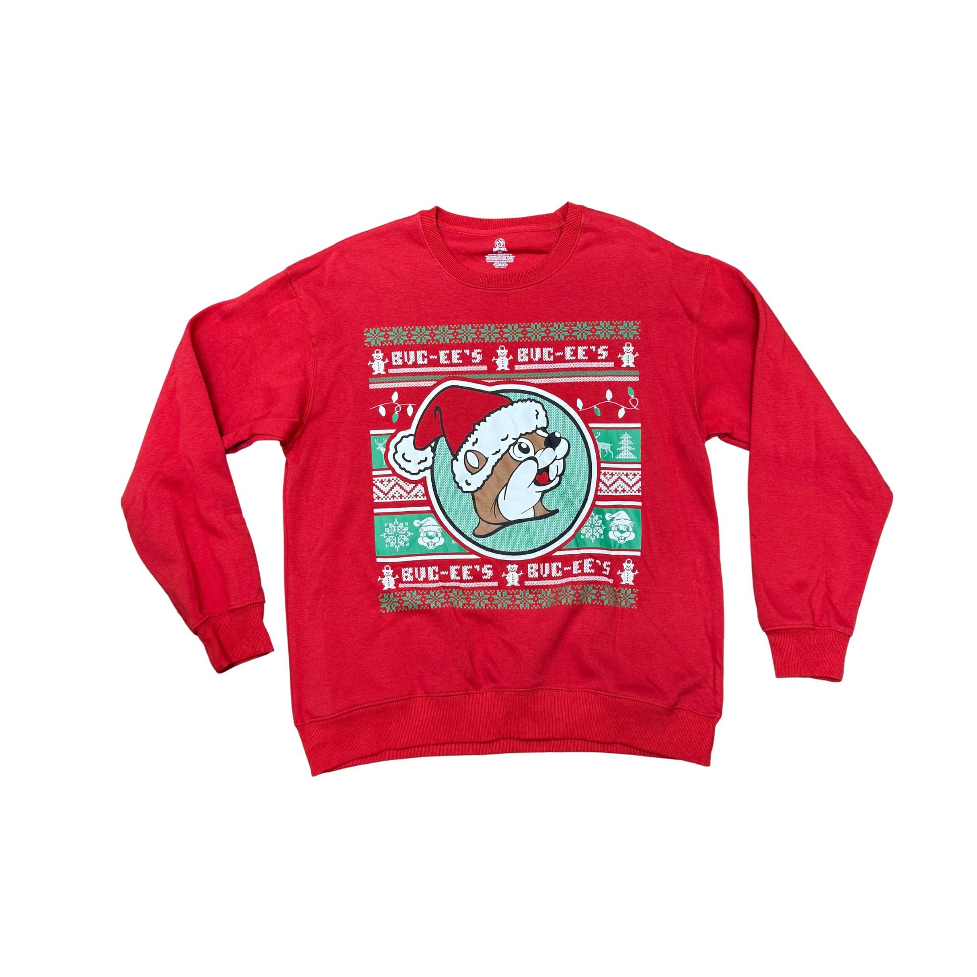 Red Buc-ee's ugly Christmas sweatshirt with fair isle pattern featuring Santa beaver in circle, snowflakes, trees, and repeating Buc-ee's text border in traditional holiday colors