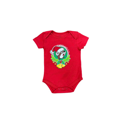 Red Buc-ee's Christmas 2025 infant onesie with Santa beaver in green wreath design, featuring snap closure for babies