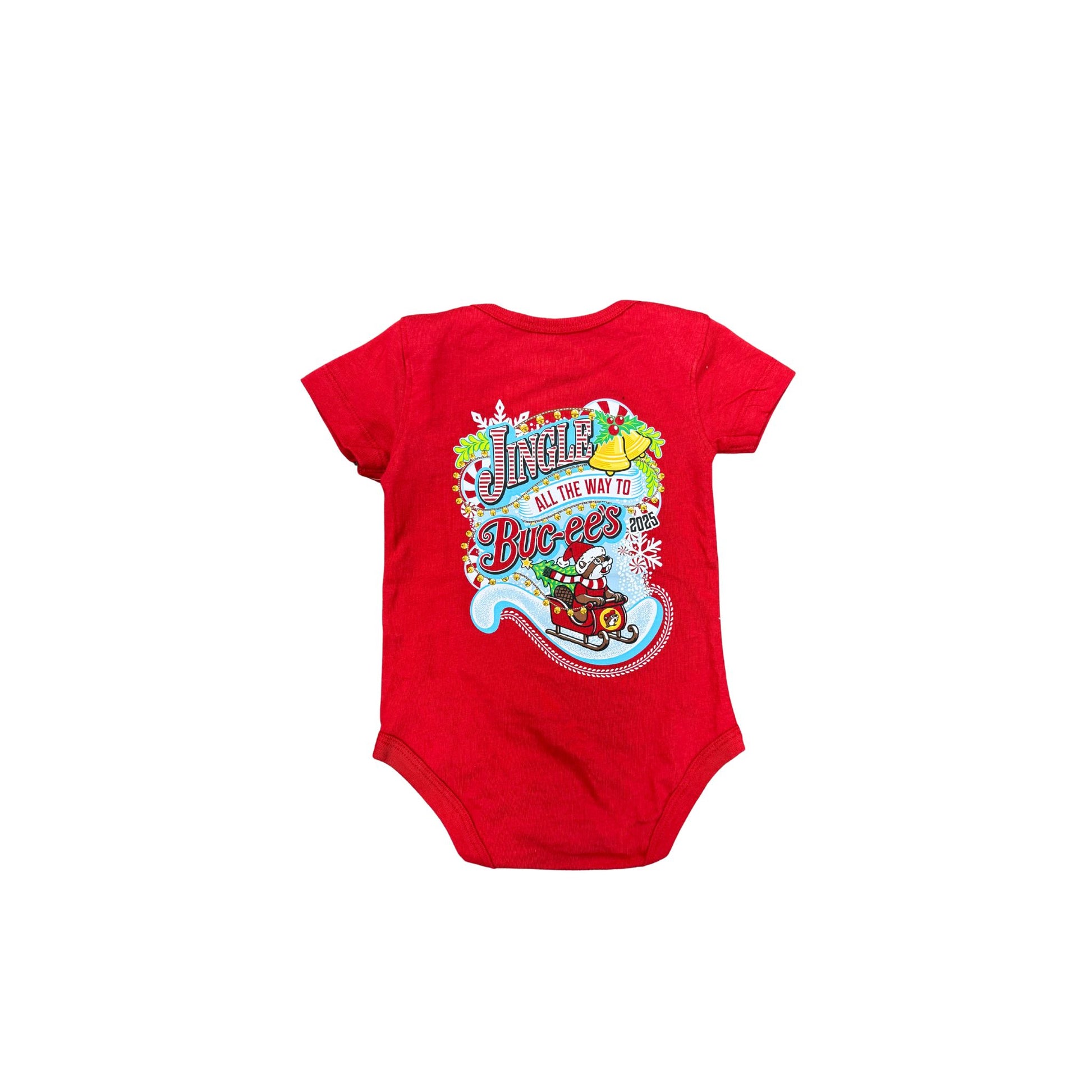 Red Buc-ee's Christmas 2025 infant onesie with Santa beaver in green wreath design, featuring snap closure for babies back view