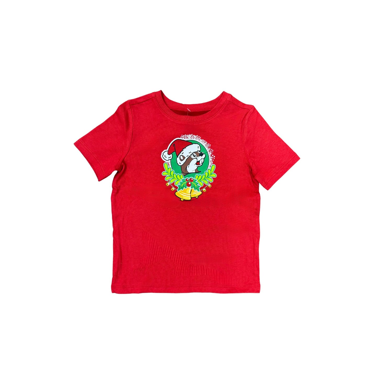 Youth size red Buc-ee's 2025 Christmas t-shirt showing 'Jingle All the Way to Buc-ee's' design with Santa beaver on sleigh, designed for kids