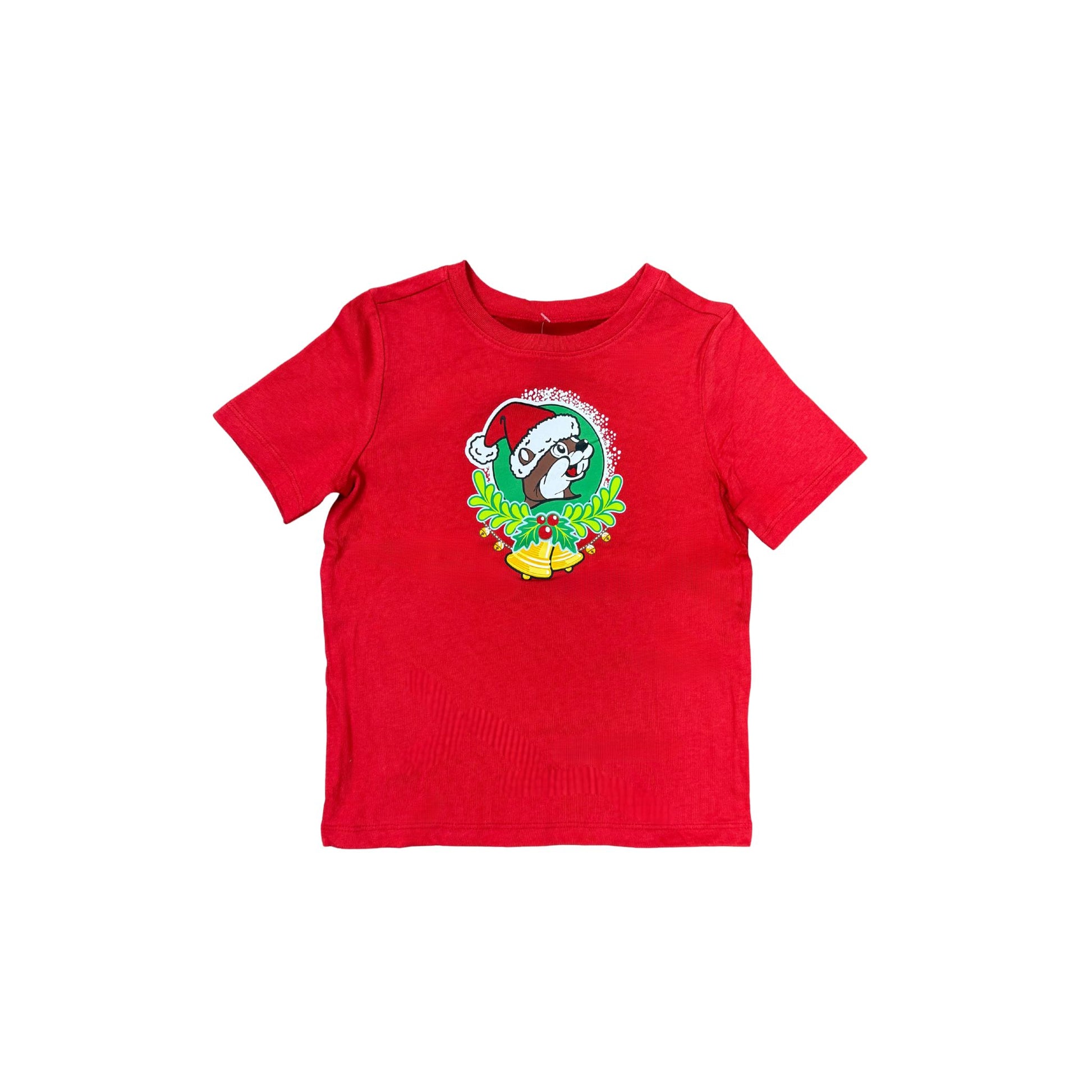 Youth size red Buc-ee's 2025 Christmas t-shirt showing 'Jingle All the Way to Buc-ee's' design with Santa beaver on sleigh, designed for kids