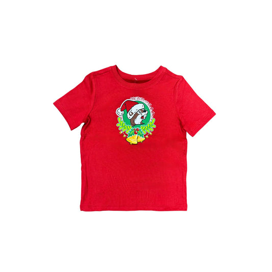 Youth size red Buc-ee's 2025 Christmas t-shirt showing 'Jingle All the Way to Buc-ee's' design with Santa beaver on sleigh, designed for kids