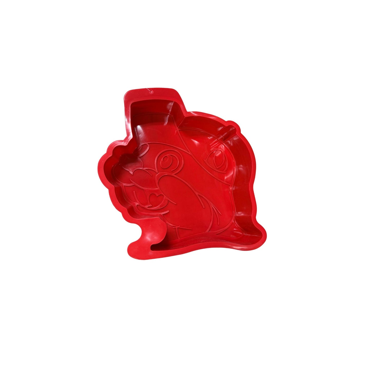 Red Buc-ee's Bucky beaver-shaped cake pan with detailed embossed features including smiling face, iconic cap, and character outline for baking novelty cakes