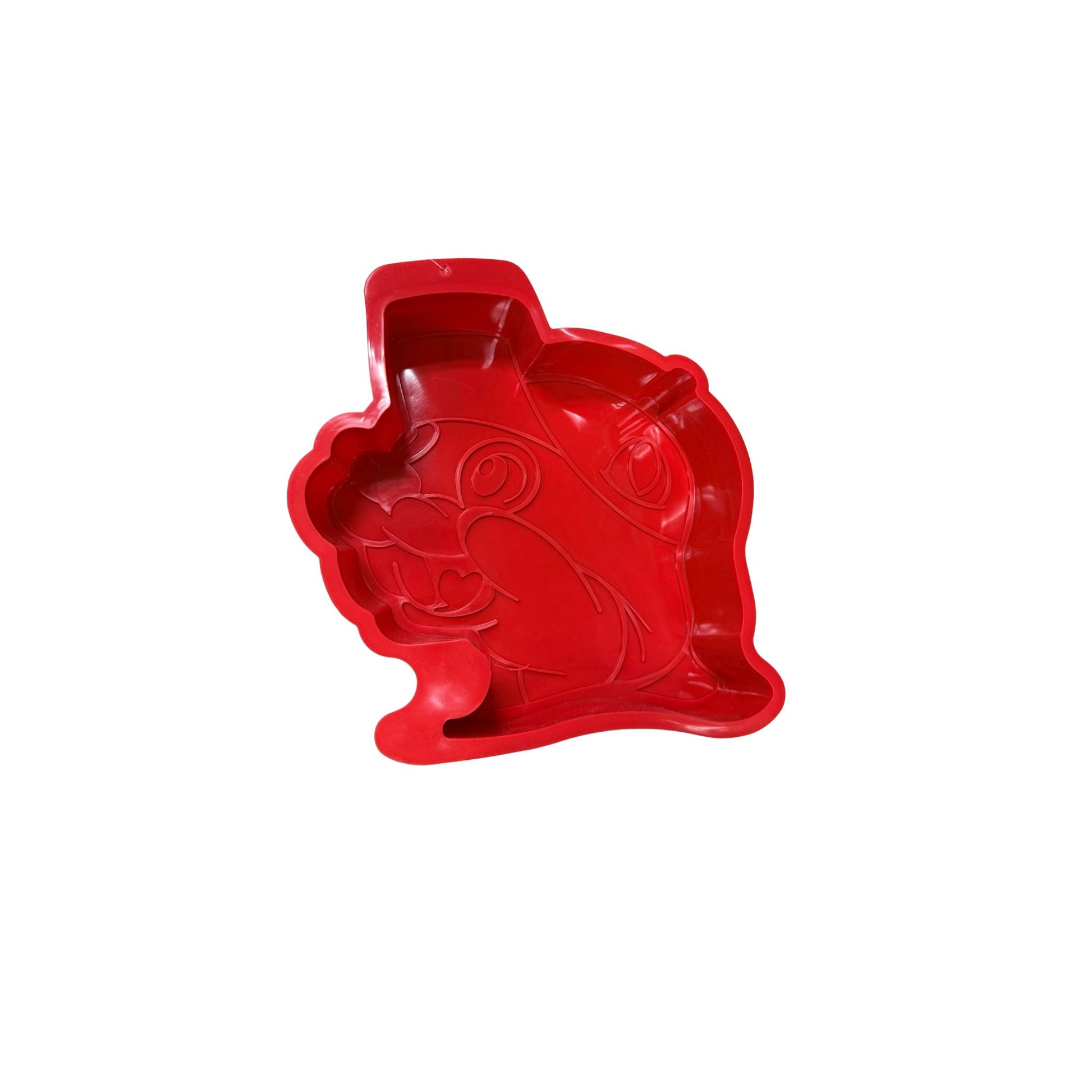 Red Buc-ee's Bucky beaver-shaped cake pan with detailed embossed features including smiling face, iconic cap, and character outline for baking novelty cakes